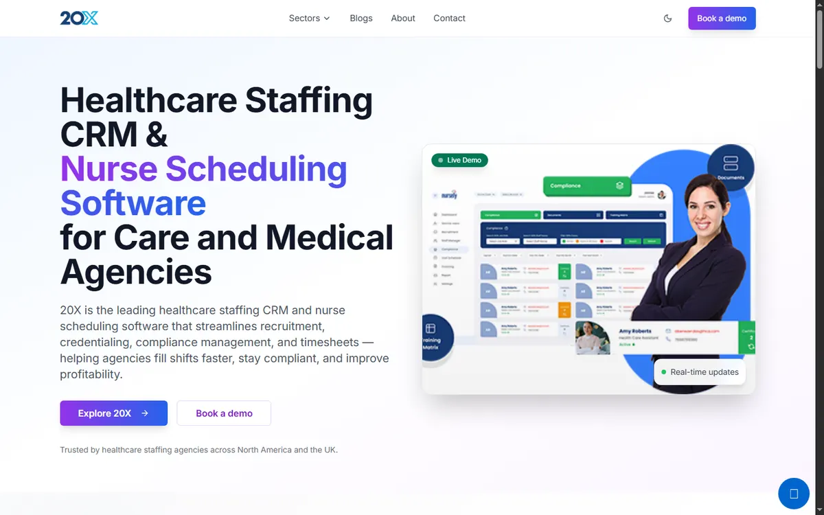 20X healthcare staffing CRM homepage and product UI