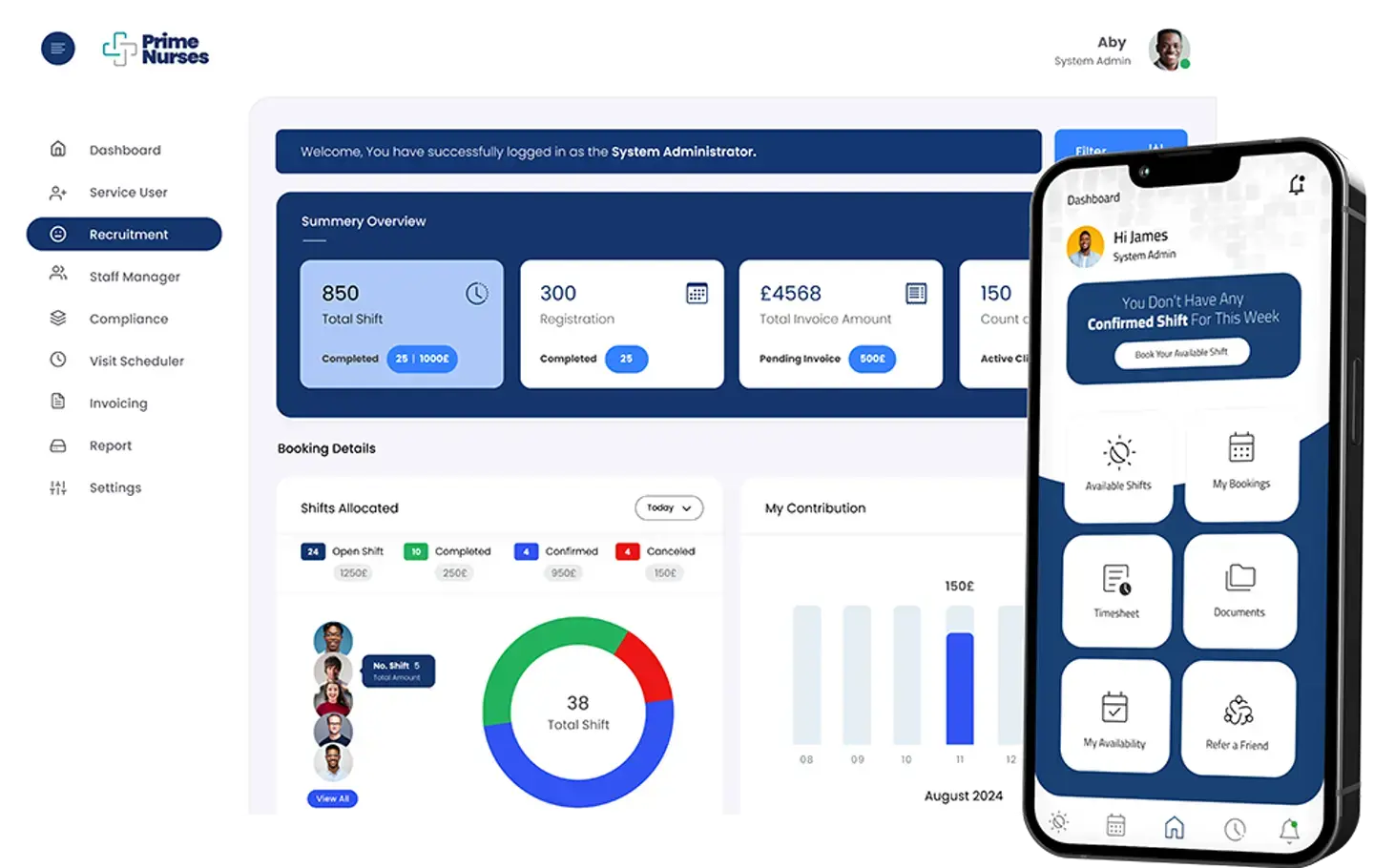 20X CRM dashboard and worker app UI — recruitment, shifts, compliance