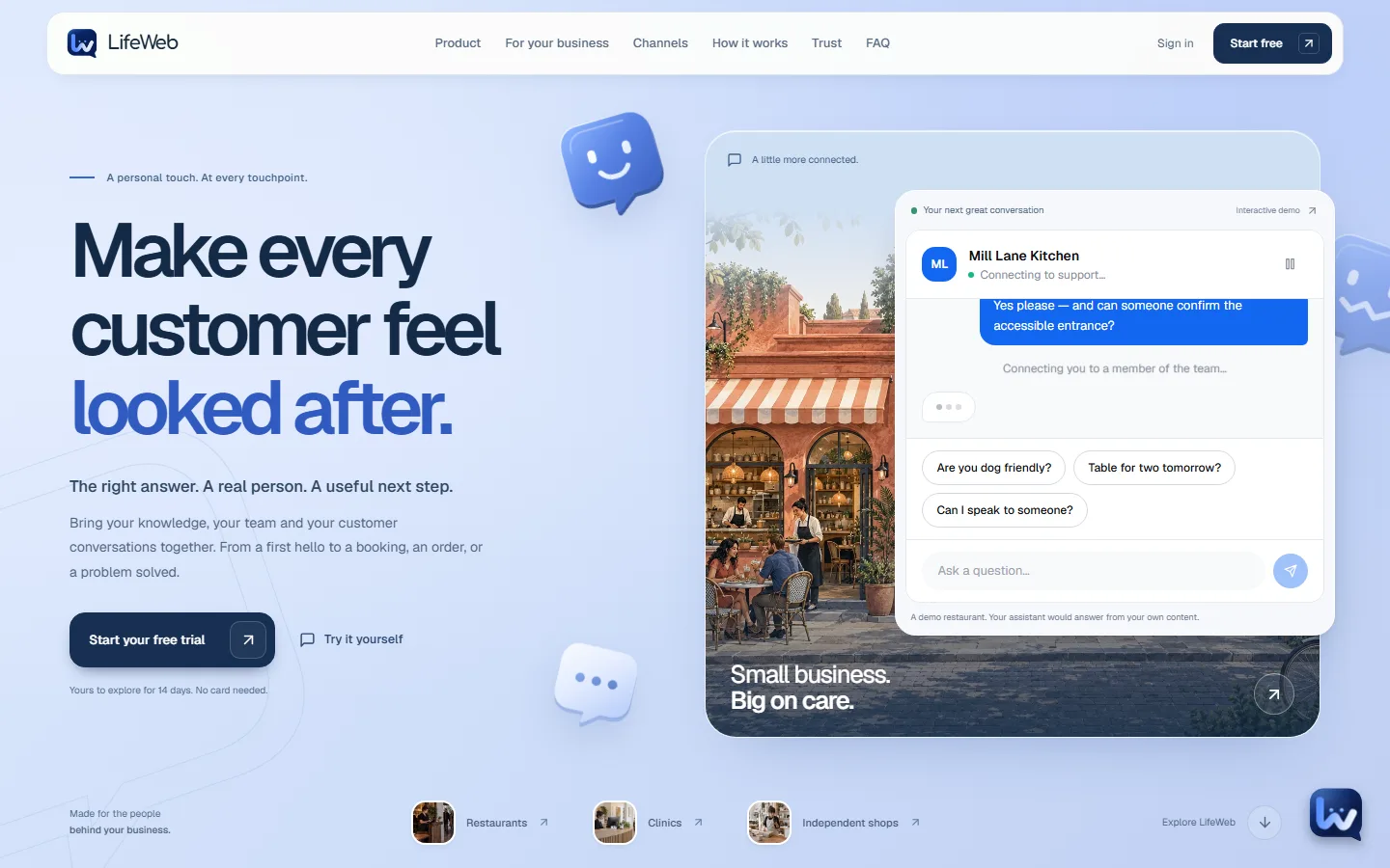 LifeWeb website chat widget — AI assistant answering a customer, handing off to a team member