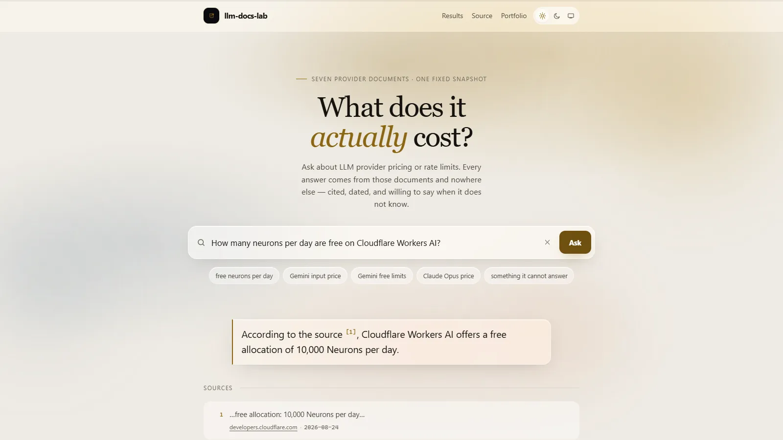 llm-docs-lab answering a pricing question with numbered citations and dated sources
