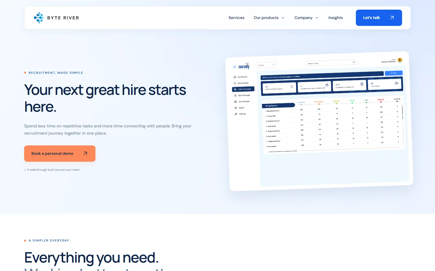 RecruitBee hiring dashboard — candidate pipeline and client manager