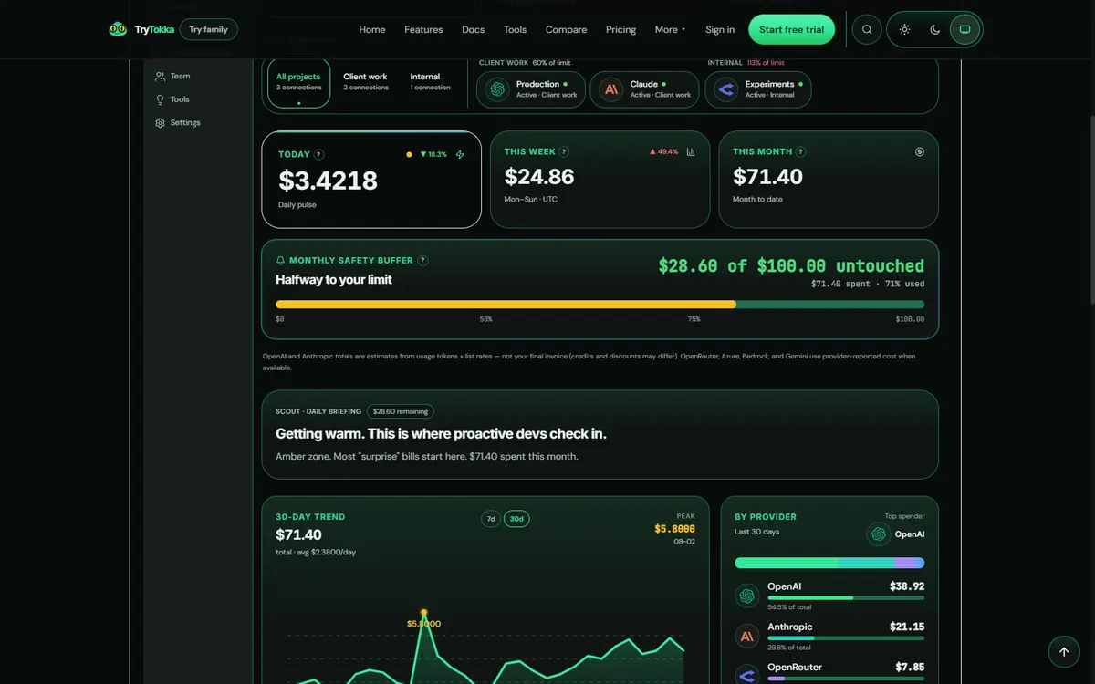 TryTokka dashboard UI