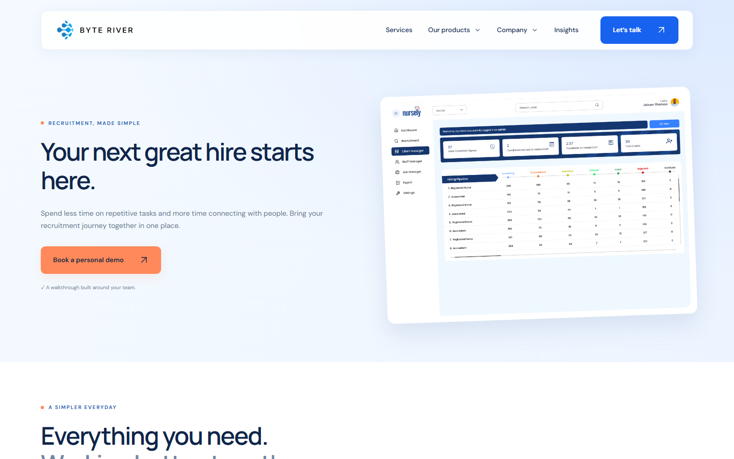 RecruitBee homepage — candidate management and hiring pipeline screenshot
